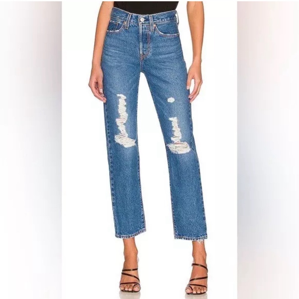 Levi's High Rise Distressed Straight Leg Jeans in Medium Blue